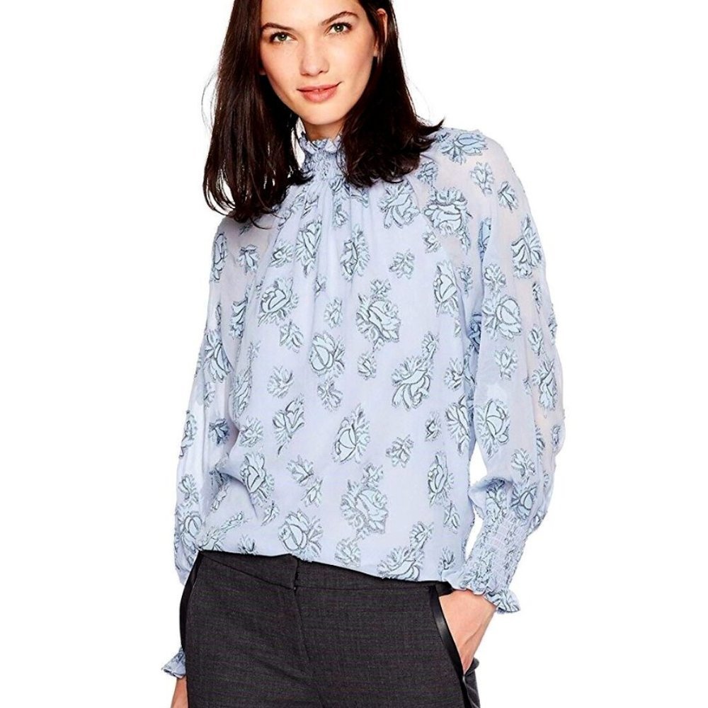 Rebecca Taylor Metallic Rose Patterned Silk Smocked Top in Blue, 4